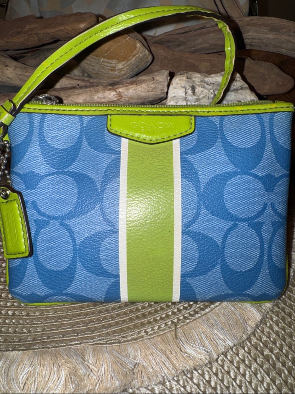 Coach Blue Signature Canvas Wristlet with Lime Stripe